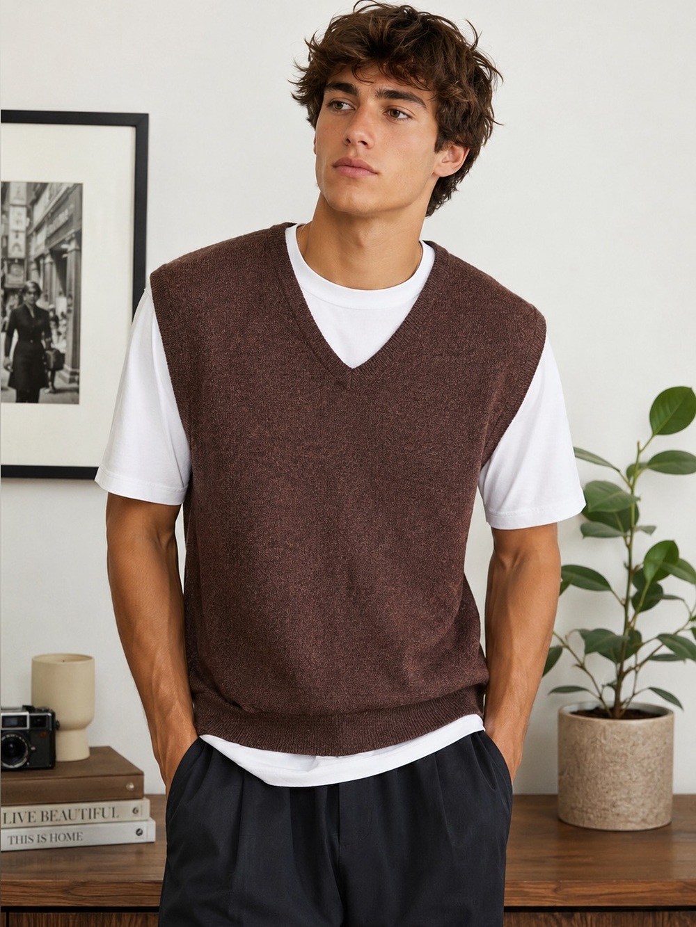 Nordstrom Brown & Black Mottled Sleeveless Linen Blend Knit Sweater Vest Large